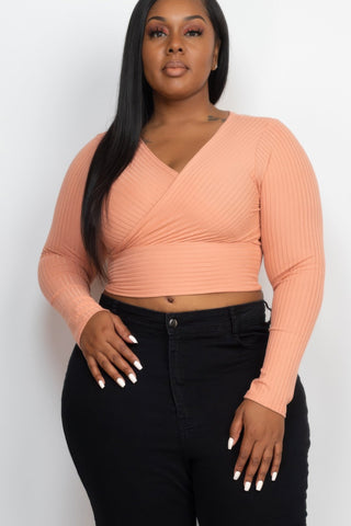 Plus Size Ribbed Wrap Front Long Sleeve Top - Wear Arielle