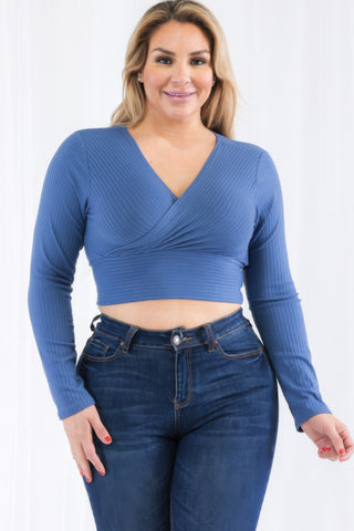 Plus Size Ribbed Wrap Front Long Sleeve Top - Wear Arielle