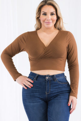 Plus Size Ribbed Wrap Front Long Sleeve Top - Wear Arielle