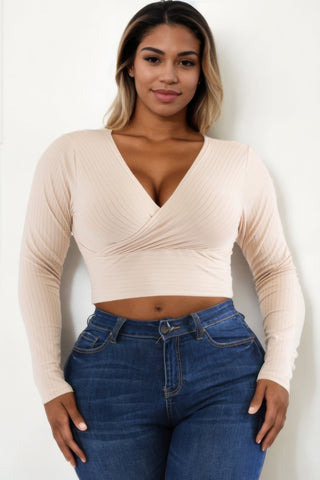 Plus Size Ribbed Wrap Front Long Sleeve Top - Wear Arielle