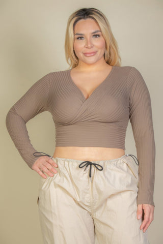 Plus Size Ribbed Wrap Front Long Sleeve Top - Wear Arielle