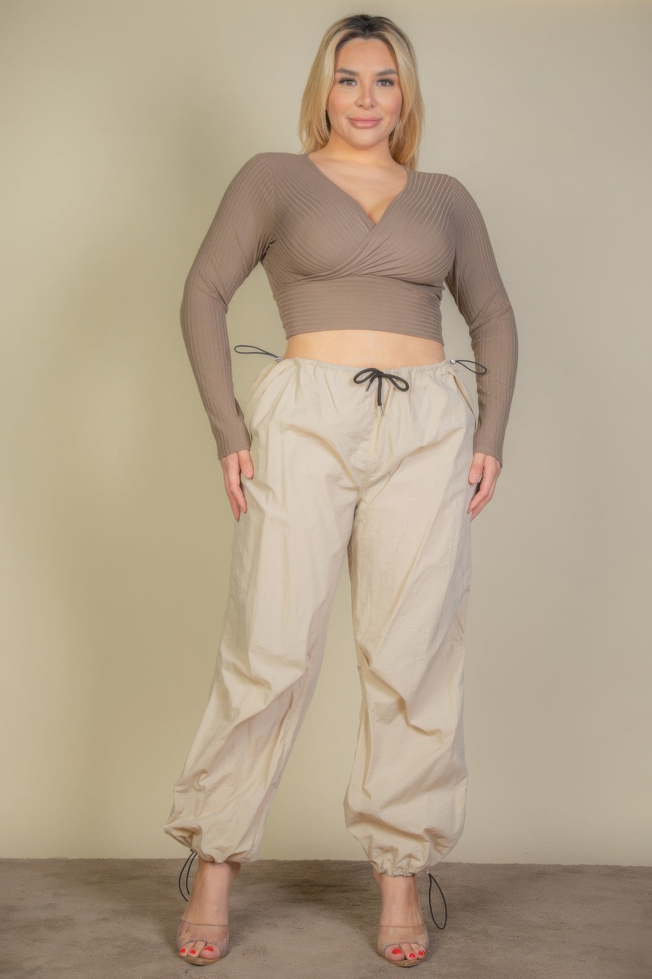 Plus Size Ribbed Wrap Front Long Sleeve Top - Wear Arielle