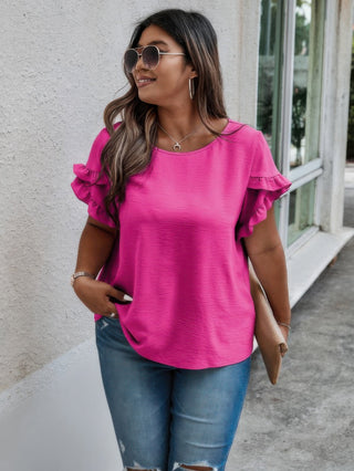Plus Size Round Neck Ruffle Solid Loose Shirt - Wear Arielle