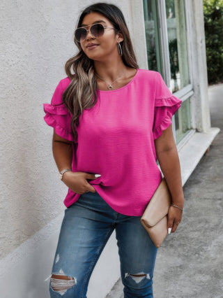Plus Size Round Neck Ruffle Solid Loose Shirt - Wear Arielle