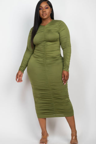 Plus Size Ruched Long Sleeve Midi Dress - Wear Arielle