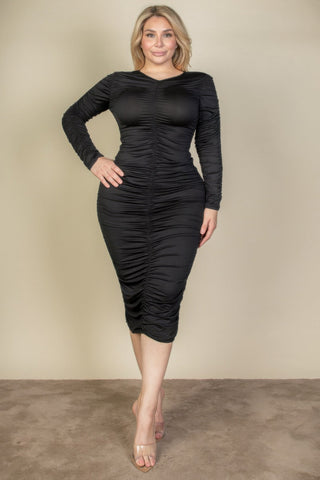 Plus Size Ruched Long Sleeve Midi Dress - Wear Arielle