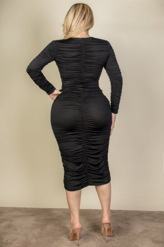 Plus Size Ruched Long Sleeve Midi Dress - Wear Arielle