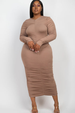 Plus Size Ruched Long Sleeve Midi Dress - Wear Arielle