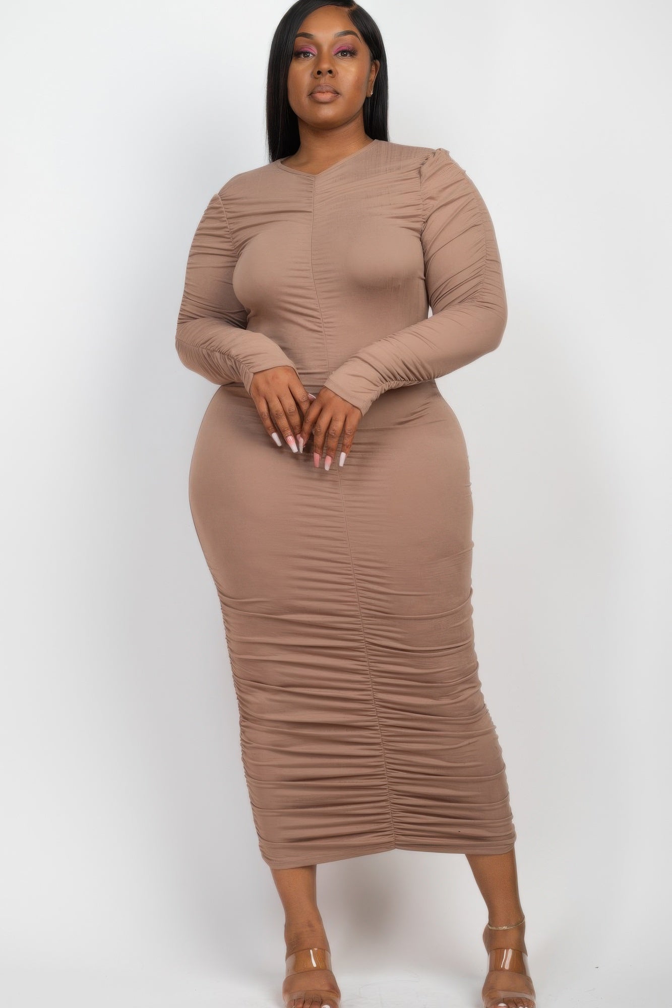 Plus Size Ruched Long Sleeve Midi Dress - Wear Arielle