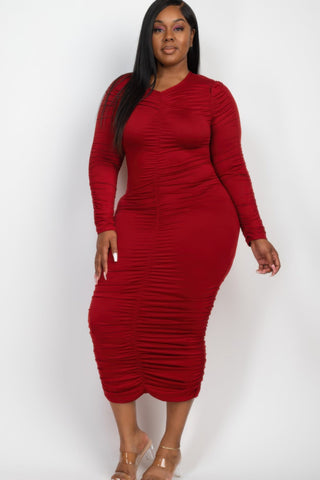Plus Size Ruched Long Sleeve Midi Dress - Wear Arielle