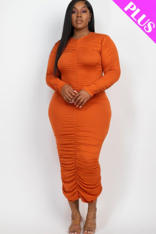 Plus Size Ruched Long Sleeve Midi Dress - Wear Arielle