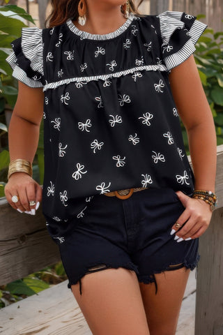 Plus Size Ruffle Hem Random Print Loose Shirt - Wear Arielle