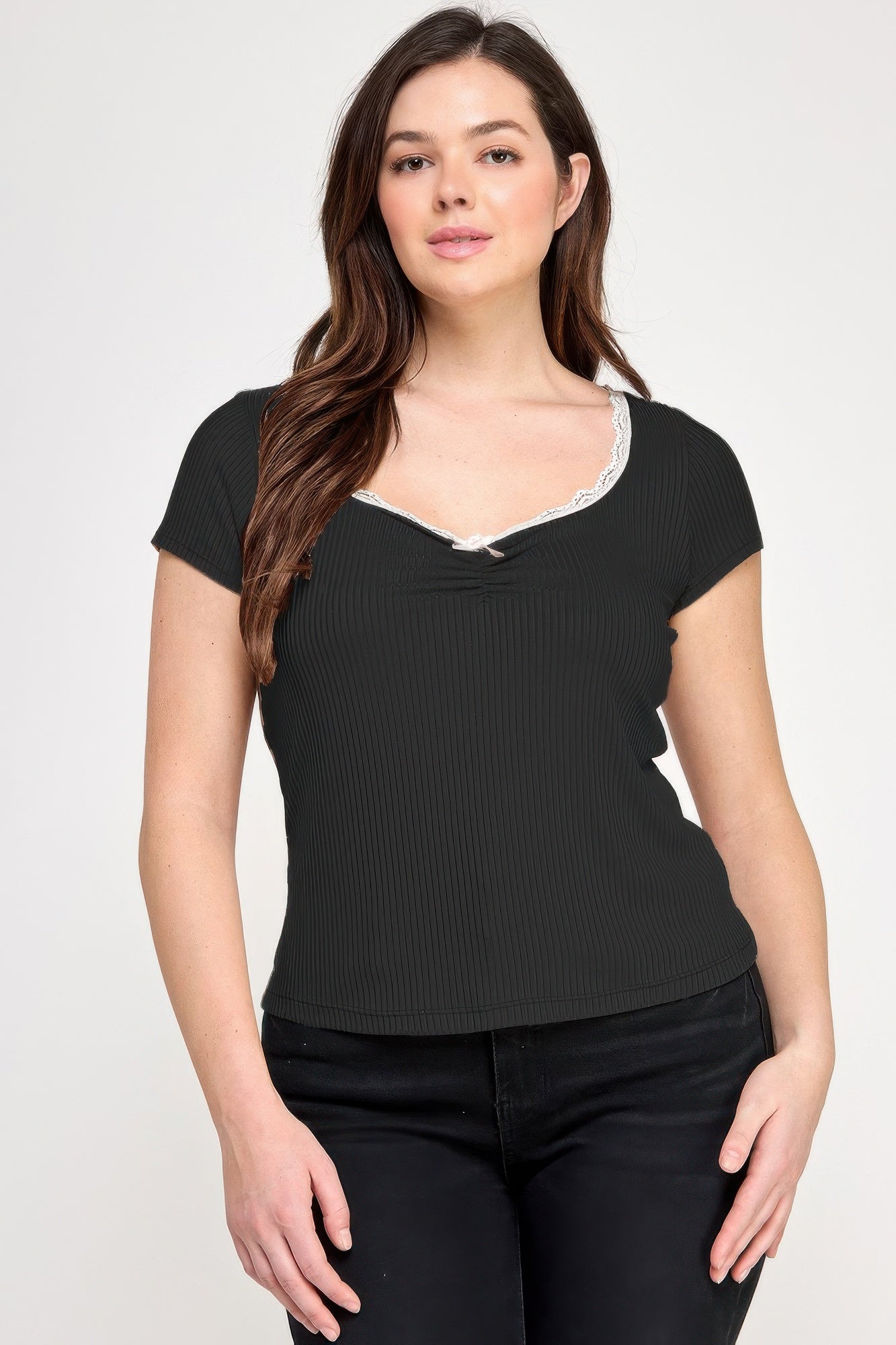Plus Size Short Sleeve Rib Bow Trim Top - Wear Arielle