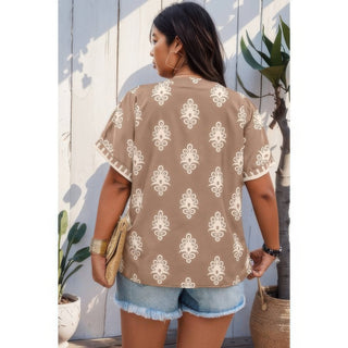 Plus Size Short Sleeve V Neck Printed Blouse - Wear Arielle