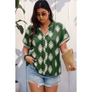 Plus Size Short Sleeve V Neck Printed Blouse - Wear Arielle