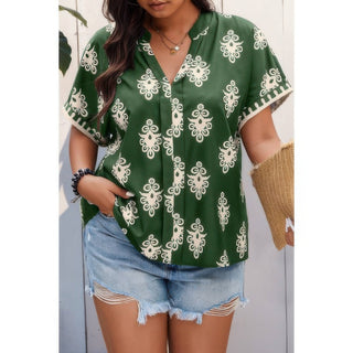 Plus Size Short Sleeve V Neck Printed Blouse - Wear Arielle