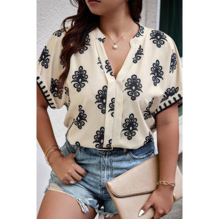 Plus Size Short Sleeve V Neck Printed Blouse - Wear Arielle