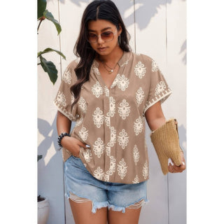 Plus Size Short Sleeve V Neck Printed Blouse - Wear Arielle