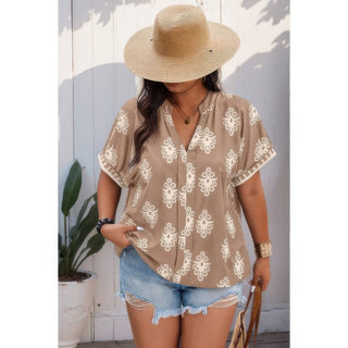 Plus Size Short Sleeve V Neck Printed Blouse - Wear Arielle