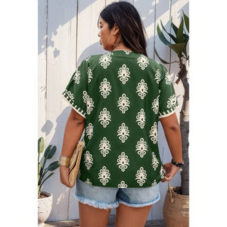 Plus Size Short Sleeve V Neck Printed Blouse - Wear Arielle