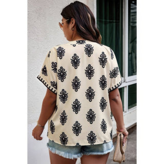 Plus Size Short Sleeve V Neck Printed Blouse - Wear Arielle