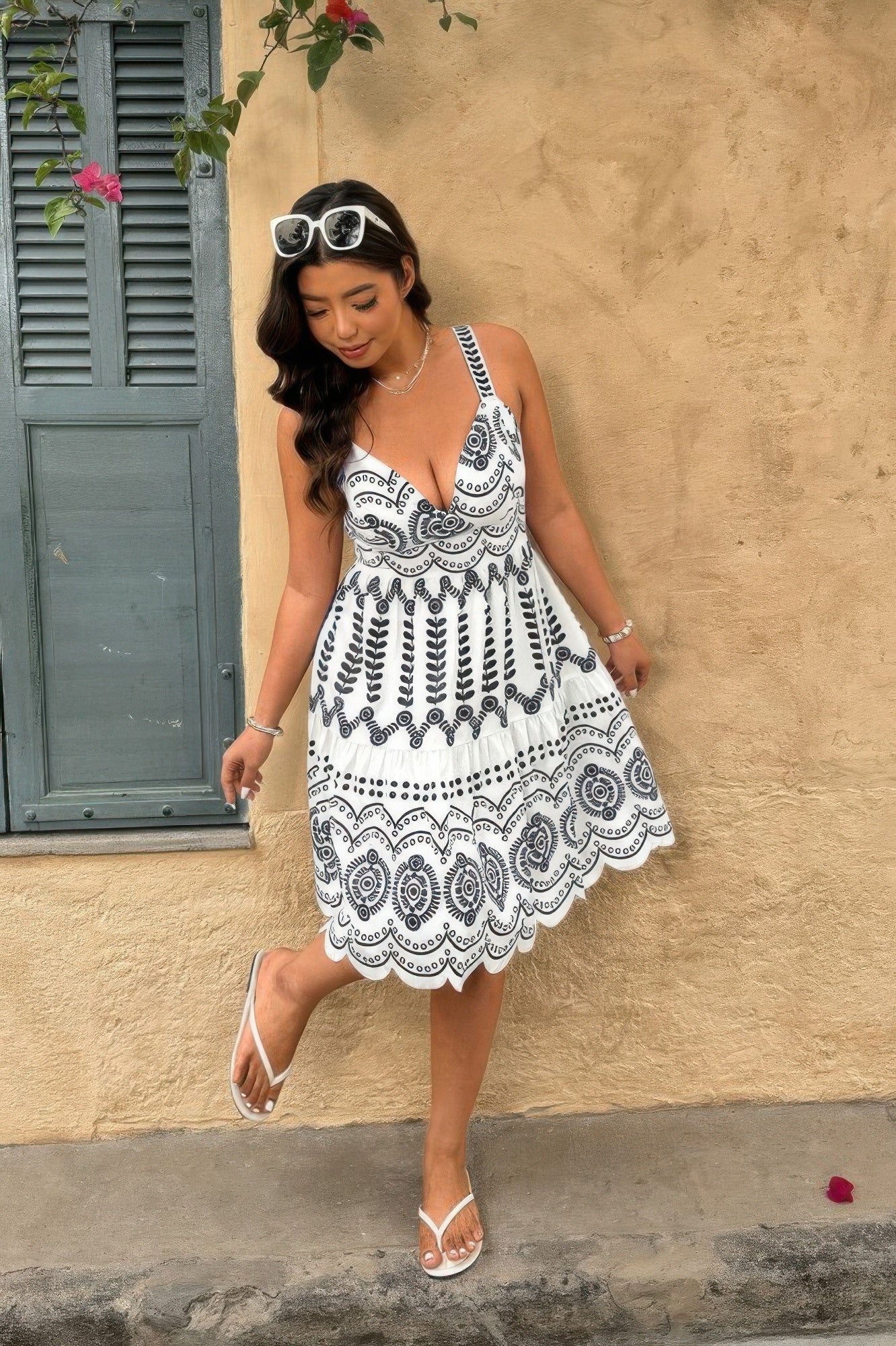 Plus Size Sleeveless Printed V Neck Woven Fit Dress - Wear Arielle