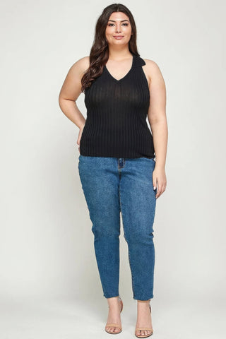 Plus Size, Solid Ribbed Knit Polo Sleeveless Top - Wear Arielle