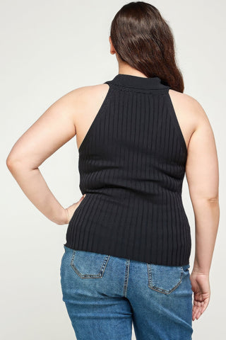 Plus Size, Solid Ribbed Knit Polo Sleeveless Top - Wear Arielle
