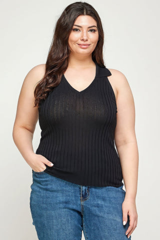 Plus Size, Solid Ribbed Knit Polo Sleeveless Top - Wear Arielle