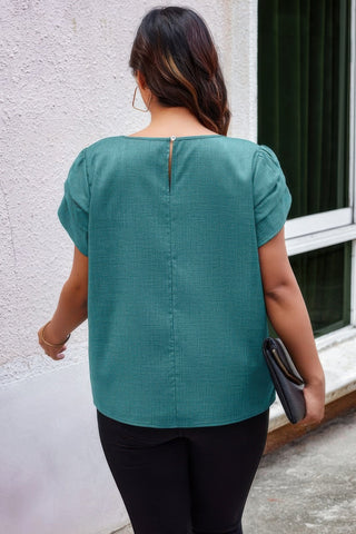 Plus Size Solid Round Neck Fold Short Sleeve Shirt - Wear Arielle