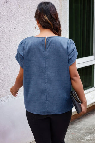 Plus Size Solid Round Neck Fold Short Sleeve Shirt - Wear Arielle