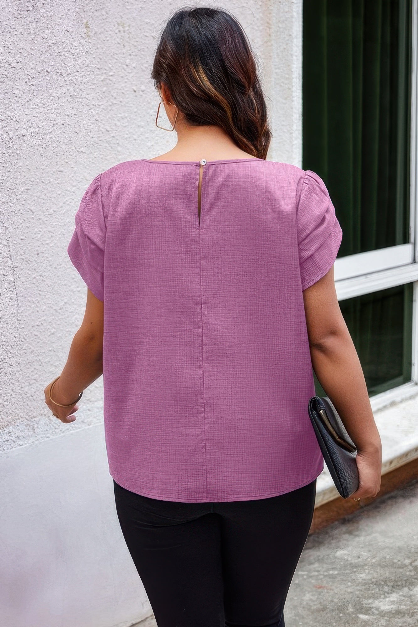 Plus Size Solid Round Neck Fold Short Sleeve Shirt - Wear Arielle