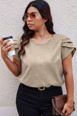 Plus Size Solid Round Neck Fold Short Sleeve Shirt - Wear Arielle
