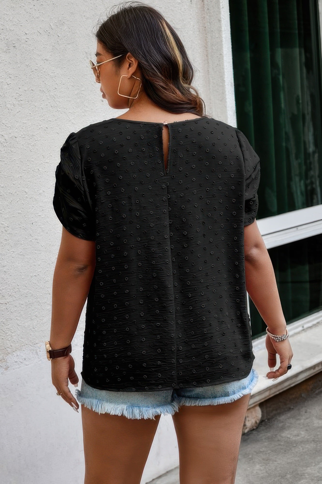Plus Size Solid Swiss Dots Short Sleeve Blouse - Wear Arielle