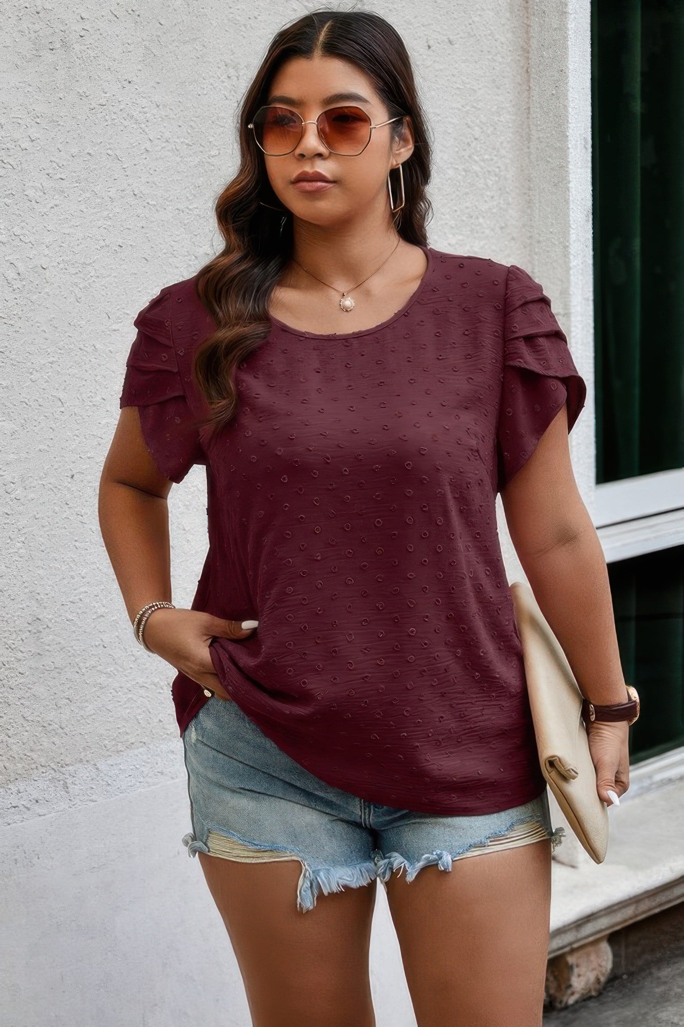 Plus Size Solid Swiss Dots Short Sleeve Blouse - Wear Arielle