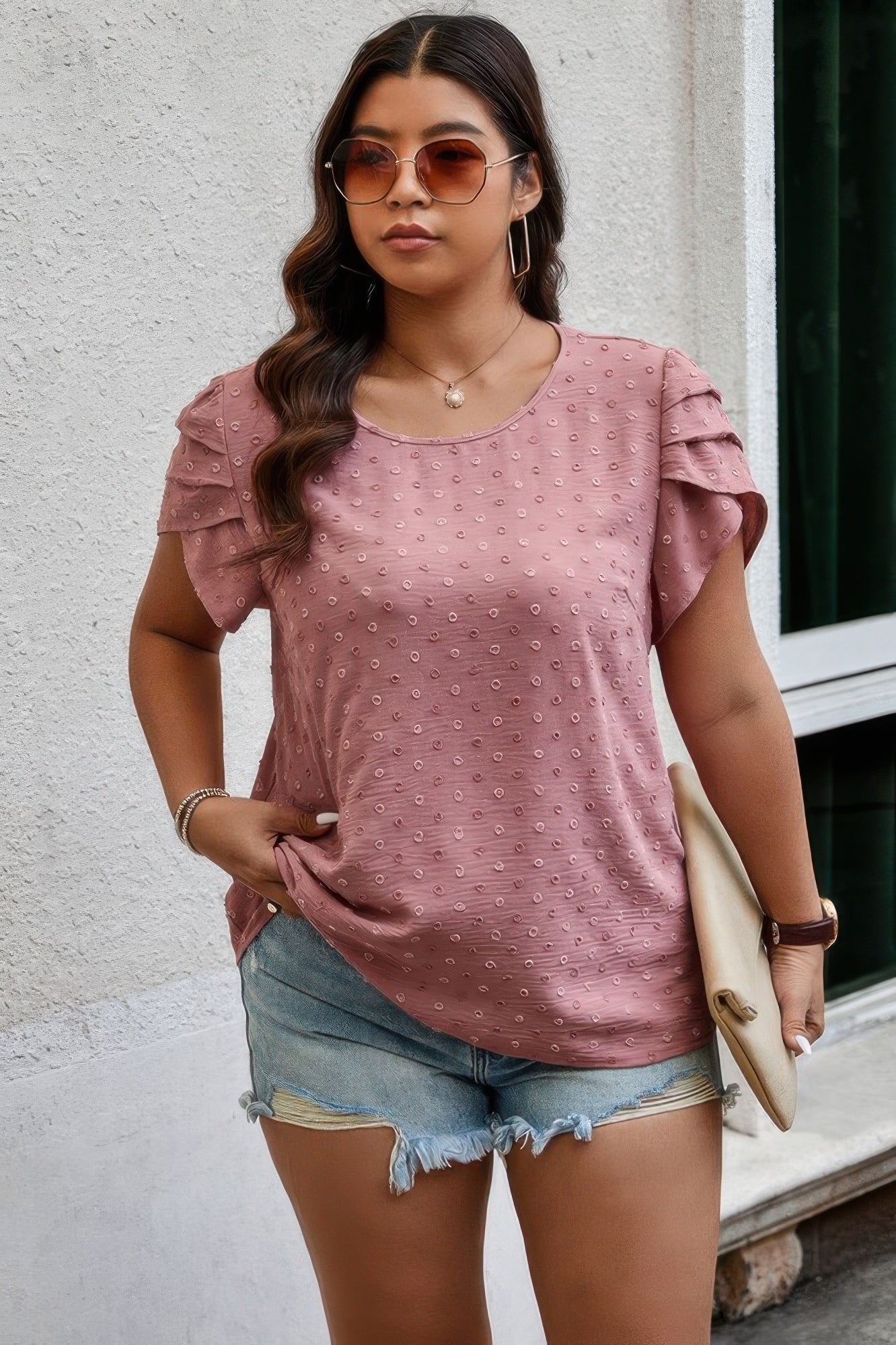 Plus Size Solid Swiss Dots Short Sleeve Blouse - Wear Arielle