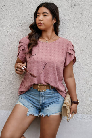 Plus Size Solid Swiss Dots Short Sleeve Blouse - Wear Arielle