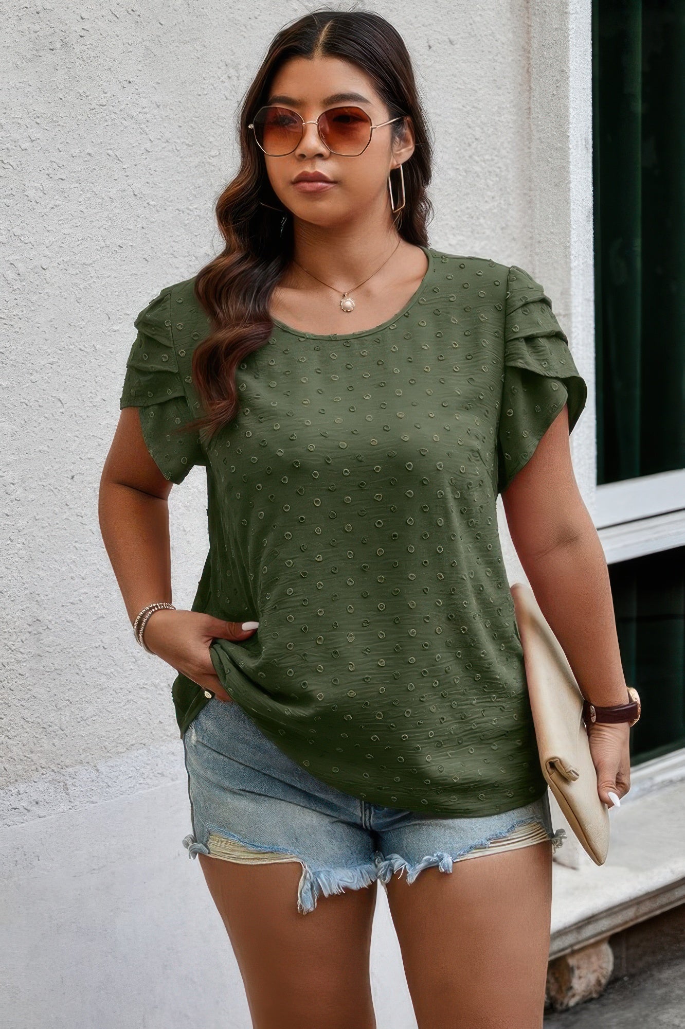 Plus Size Solid Swiss Dots Short Sleeve Blouse - Wear Arielle