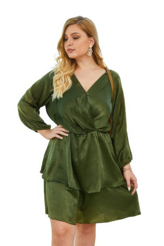 Plus Size Solid V Neck Ruffled Hem Dress - Wear Arielle