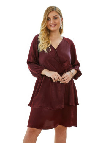 Plus Size Solid V Neck Ruffled Hem Dress - Wear Arielle