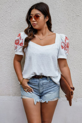 Plus Size Square Neck Floral Puff Sleeve Shirt - Wear Arielle
