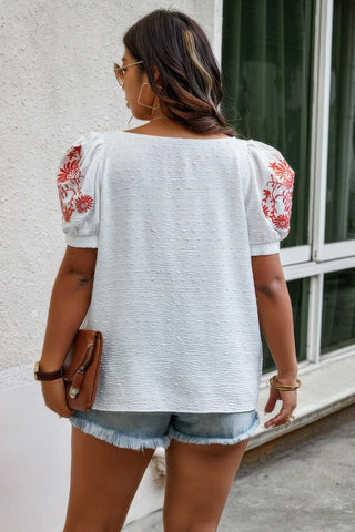 Plus Size Square Neck Floral Puff Sleeve Shirt - Wear Arielle