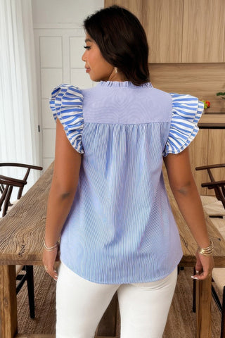Plus Size Striped V Neck Flutter Sleeve Blouse - Wear Arielle