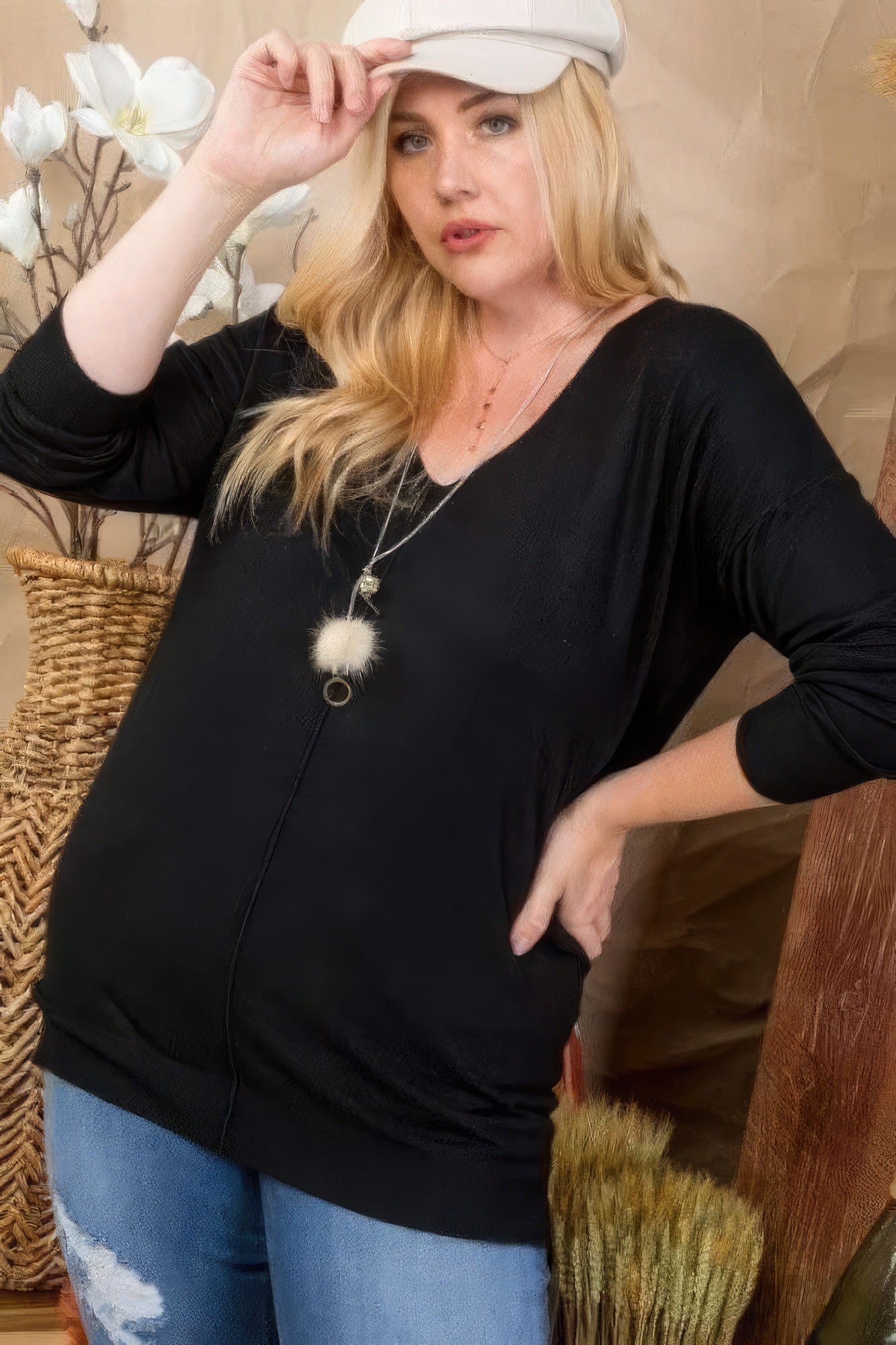 Plus Size V Neck 3/4 Sleeve Side Slit Hi - lo Sweater - Wear Arielle