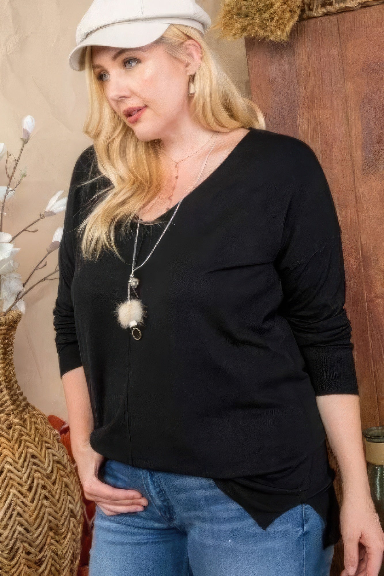 Plus Size V Neck 3/4 Sleeve Side Slit Hi - lo Sweater - Wear Arielle
