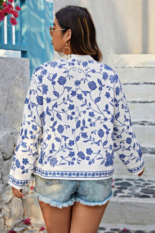 Plus Size V Neck Button Floral Print Loose Blouse - Wear Arielle