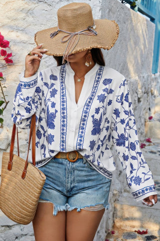 Plus Size V Neck Button Floral Print Loose Blouse - Wear Arielle