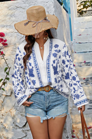 Plus Size V Neck Button Floral Print Loose Blouse - Wear Arielle