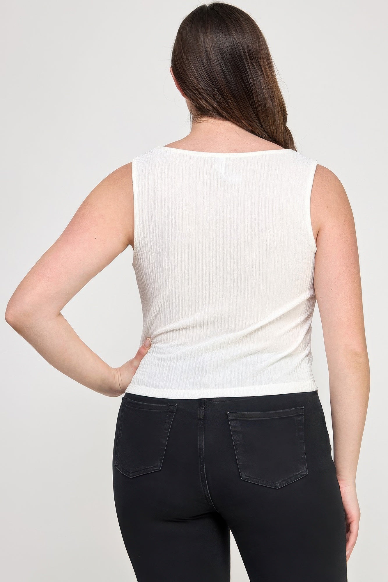 Plus Sleeveless Crinkle Knit Faux Button Down Top - Wear Arielle