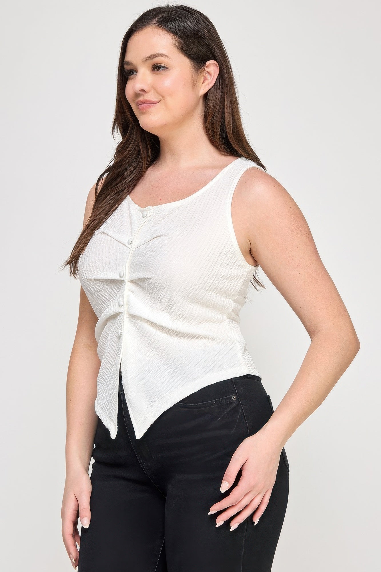 Plus Sleeveless Crinkle Knit Faux Button Down Top - Wear Arielle